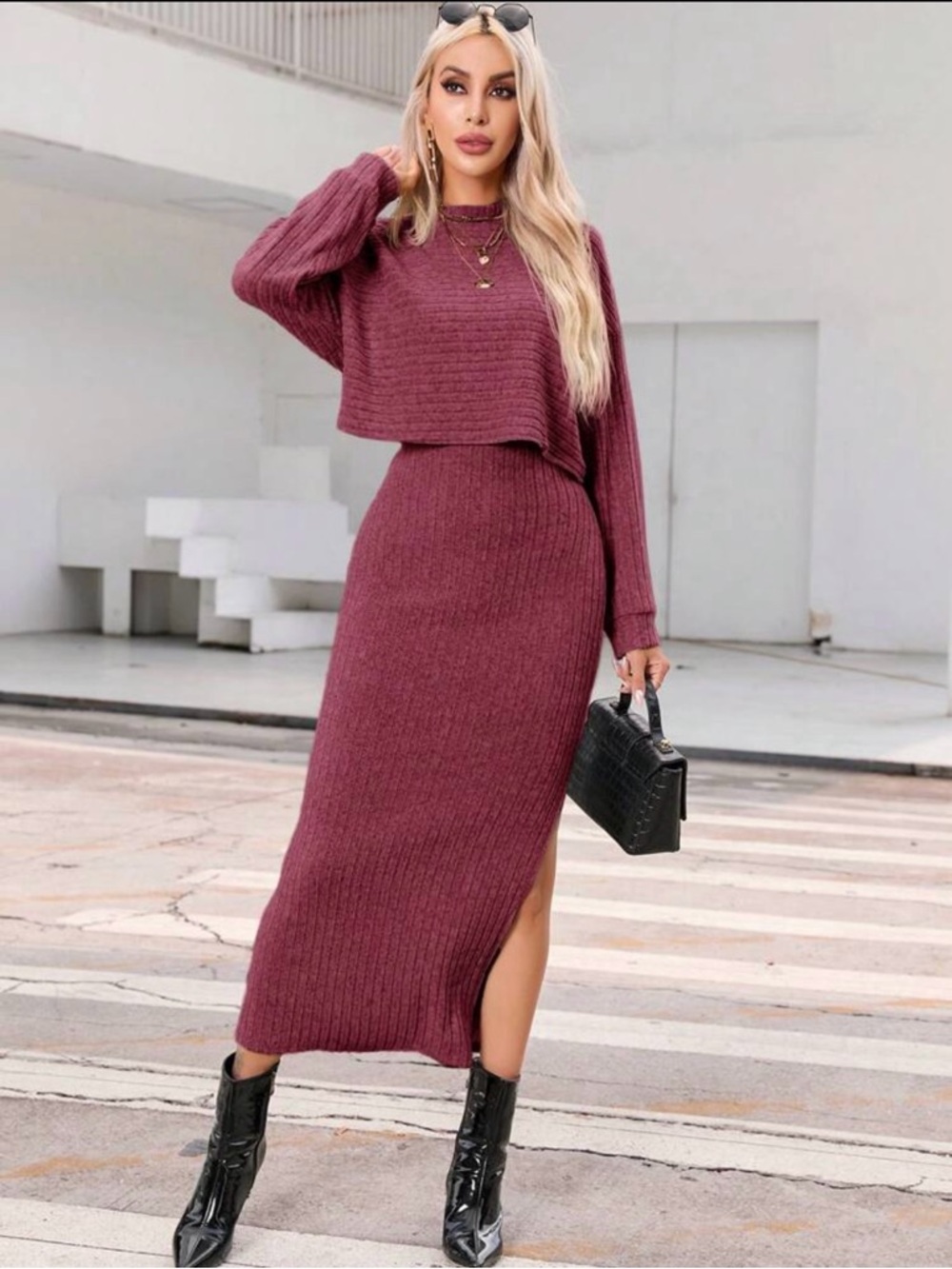 SHEIN Ribbed Knit Two-Piece Set in Plum